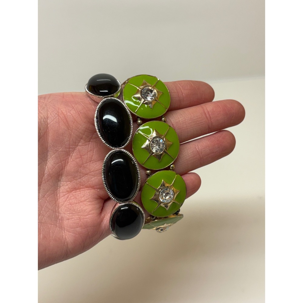 Vintage Style Stretch Bracelet Set Black Cabochon Lime Green Enamel Starburst